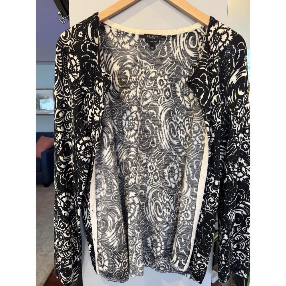Talbots Women's Cardigan L Black Floral‎ 100% Pure Italian Merino Wool Button